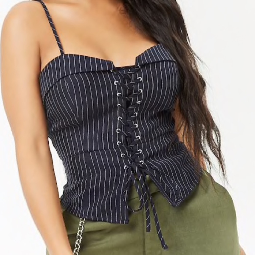 Pinstriped Lace-Up Crop Cami